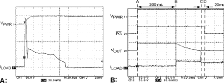 Figure 1. Waveforms showing (a) the transient from a hot-swap event  reaching an unsafe value of more than 55 A and (b) protected results using the MC34652 Hot Swap Power Management IC where the inrush current was limited to 100 mA